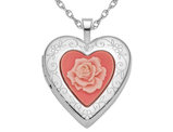 Sterling Silver Pink Resin Rose Cameo Heart Locket Pendant Necklace with Chain